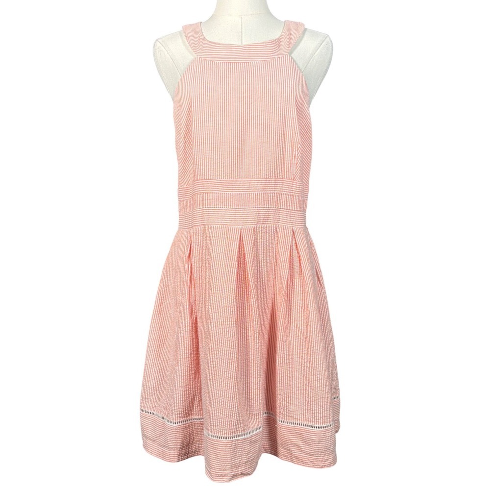 Teeze Me Pink White Seersucker Stripe Pleated Keyhole Back Dress 13